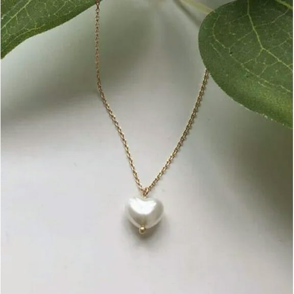 EOEMY 18K Gold Plated White Heart Pearl Pendant Chain Necklace Womens Jewellery Choker-Gold