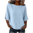 thumbnail image 3 of Aboser 3/4 Sleeve Cotton Linen Tops for Women Classic Fit Plain Shirts Casual Round Neck Blouse Breathable Soft T Shirt for Ladies Fall Clothes, 3 of 6