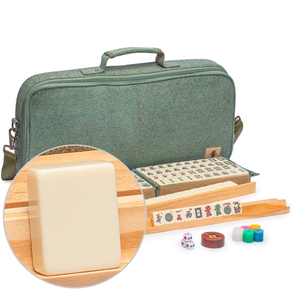Yellow Mountain Imports American Mahjong Set Chinoise Con Estuche De Cuero Sintético Suave - Bastidores Con Empujadores Para Anotar Monedas, Dados E Indicador De Viento