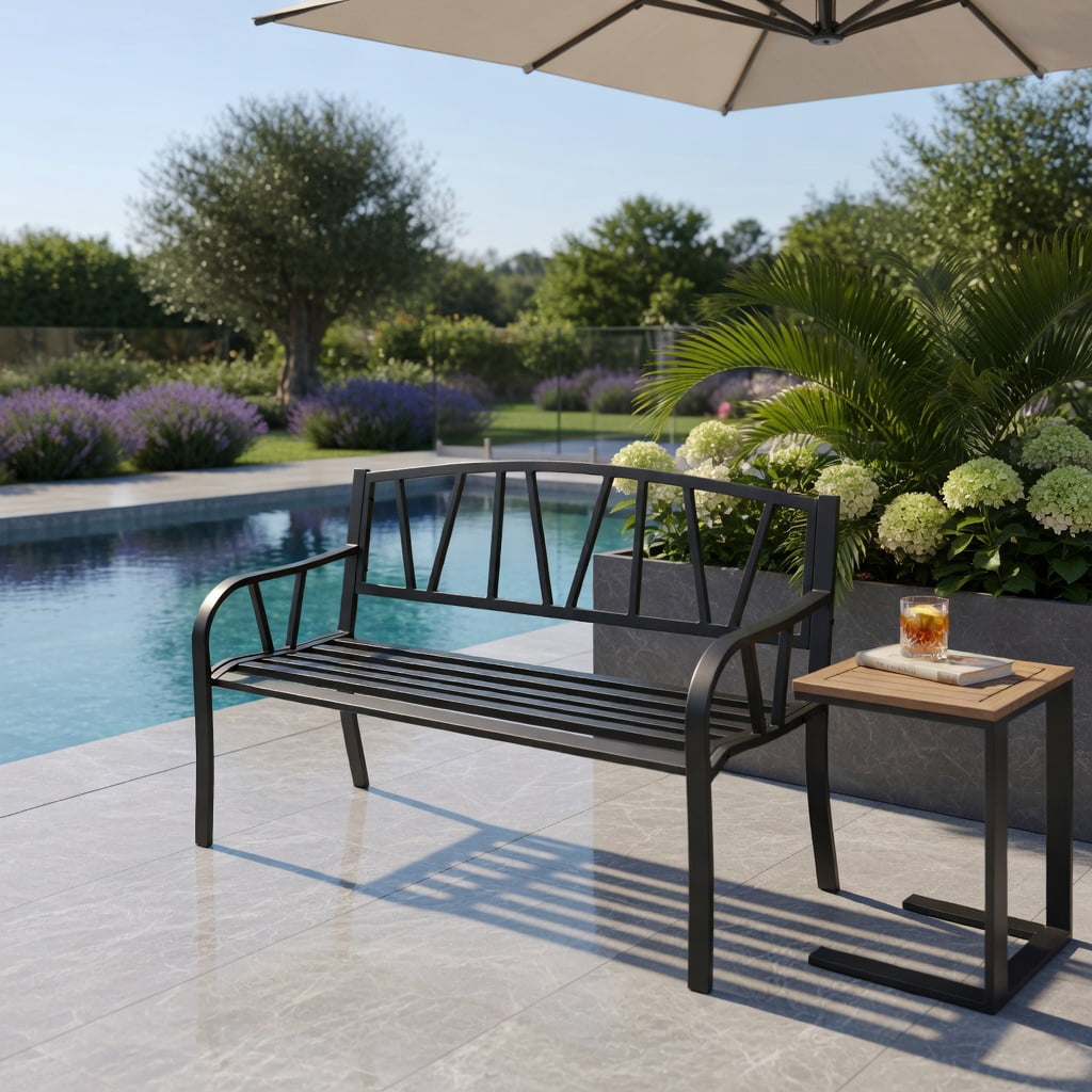 Hommoo Outdoor Patio Bench with Heavy-Duty Metal Frame, Slatted Garden Bench for Backyard, Porch & Deck, Ergonomic 105° Backrest, Black