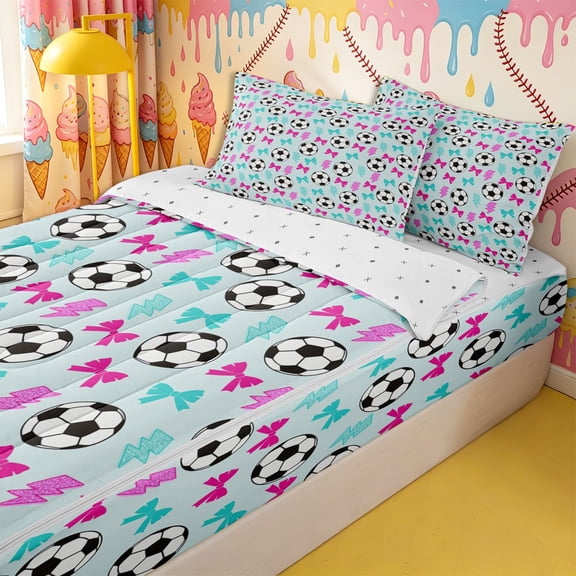 Homewish Soccer Print Cartoon Bow Zipper Twin Comforter Sets with Fitted Sheet and 2 Pillowcases for Boys Girls,Pink Teal Lightning Zipper Bedding Set,4-Piece