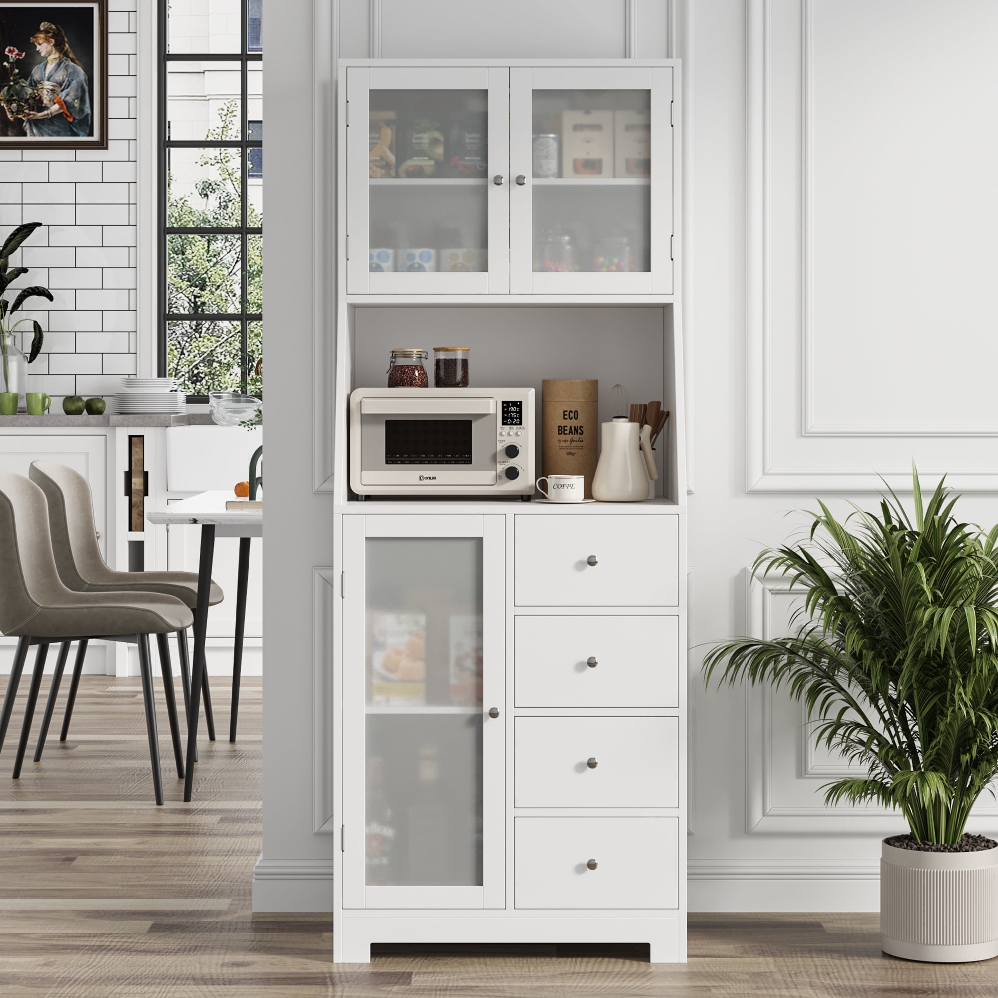 Homfa 64.1'' Kitchen Pantry with Microwave Shelf, 4 Drawers Storage Cabinets with Glass Door for Dining Room, White