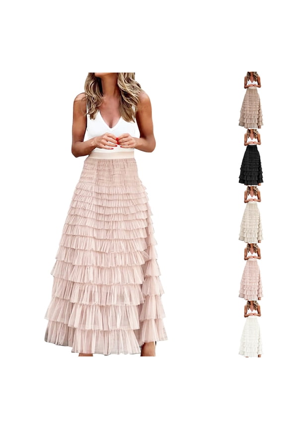 Tiered Long Skirts for Women Trendy Layered Mesh Tulle Skirt Elegant Ruffle A Line Flowy Skirt High Waist Tutu Skirt Evening Party Clothes