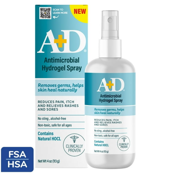 A D Antimicrobial Hydrogel Spray with Hypochlorous Acid - Removes Germs, Helps Heal Rashes & Irritations, Reduces Itch & Pain, Alcohol-Free, Non-Sting Formula, Safe for All Ages, 4oz