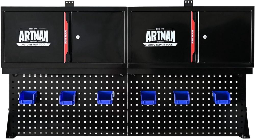 MIDOQIN Metal Garage Wall Cabinet, Wall Mounted Steel Storage Cabinet with 2 Doors, Pegboard, Hooks, Basket, and Storage Shelf, Black and Red