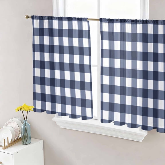 Navy Blue Check Semi Sheer Curtains 45 Inch Length 2 Panels Set, Farmhouse Buffalo Plaid Blue Sheer Kitchen Curtain Privacy Voile Window Curtain for Living Room Bedroom Rod Pocket Drapes