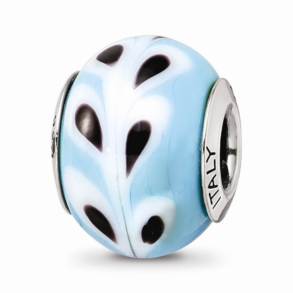 925 Sterling Silver Reflections Lt. Blue/White/Black Italian Murano Bead; for Adults and Teens; for Women and Men
