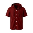 thumbnail image 2 of Men's Waffle Knit Short Sleeve Hoodie With Button Down Front And Drawstring Featuring Casual Loose Fit For Summer Streetwear Beach Vacation Wine XL, 2 of 8
