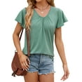 thumbnail image 2 of UVN V Neck T Shirt for Women Summer Pleated Blouse Casual Ruffle Short Sleeve Shirt Flowy Tunic Tops, 2 of 8
