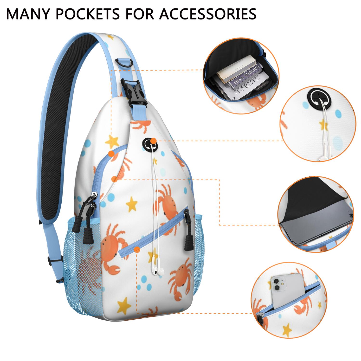 Marine Adorable Crab Crossbody Sling Bag for Women Men Travel Bag Trendy Sling Backpack Chest Bag Travel Hiking Casual Sport Daypack