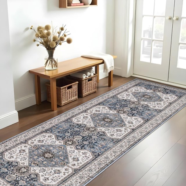 Alfombra Runner RUUGME, lavable, 3 x 10 pies, azul marino, para pasillo, antideslizante