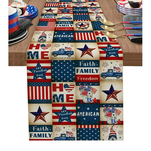Table Runner Dresser Scarves 90 Inch Long, American Flag Day Retro Splicing Plaid Linen Dining Table Runners Dwarf Stars USA Flag and Flower Tabletop Scarf for Wedding Holiday Party Kitchen