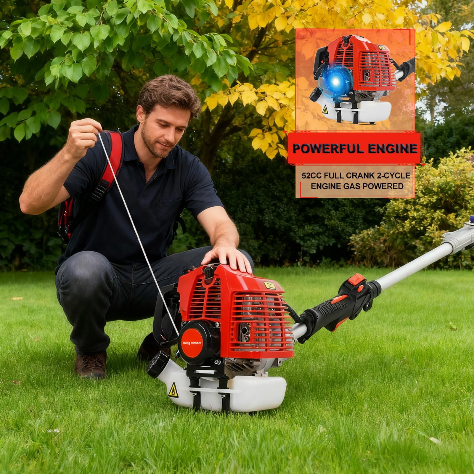 5 in 1 Weed Wacker Gas Powered, 52CC 2-Stroke String Trimmer/Edger, Pole Saw, Hedge Trimmer and Brush Cutter Blade with Extension Pole – Gas Powered Yard Tool for Landscaping