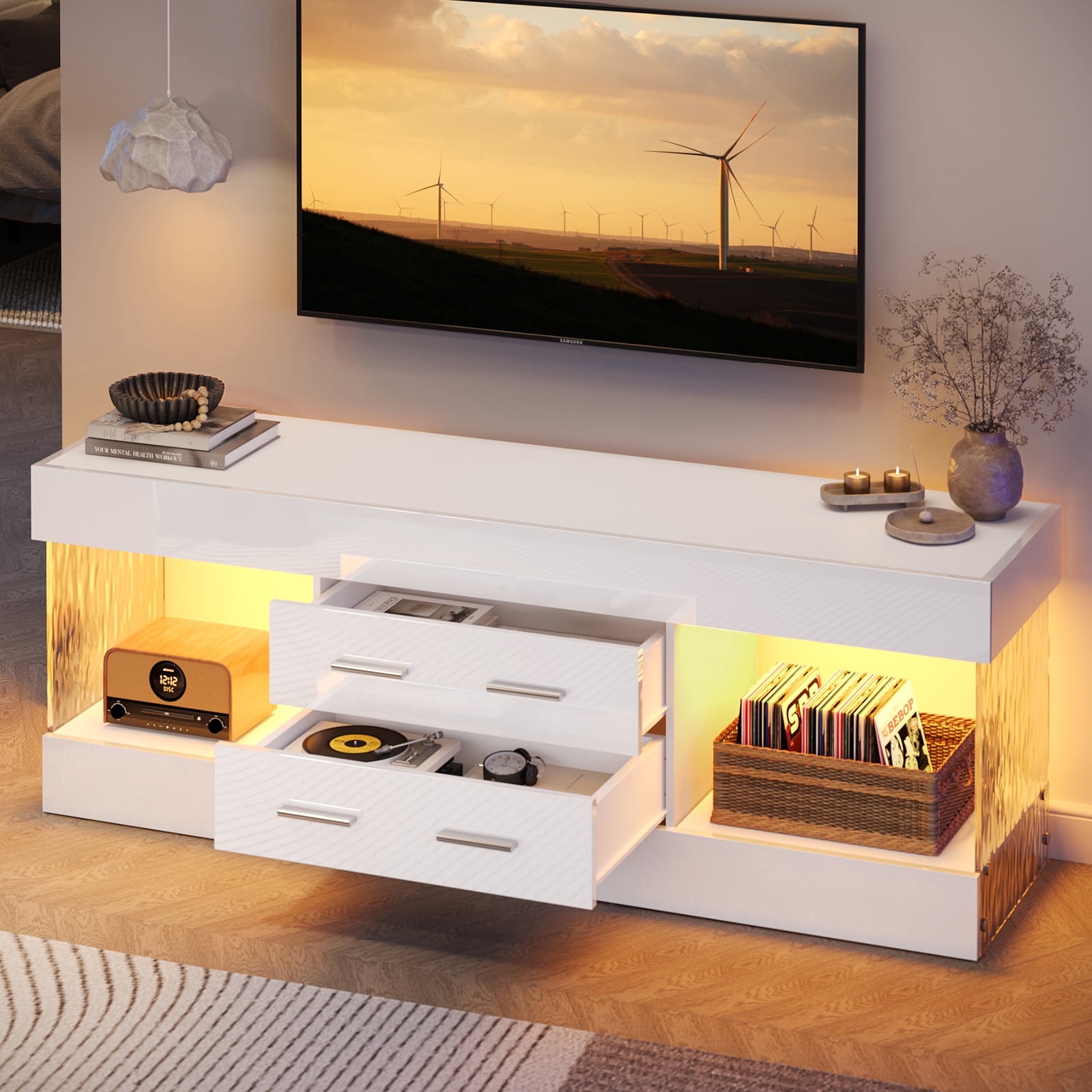 Bestier White TV Stand for TVs up to 65", Modern High Gloss Entertainment Center for TVs with LED Light, TV Console Table with 2 Storage Drawers