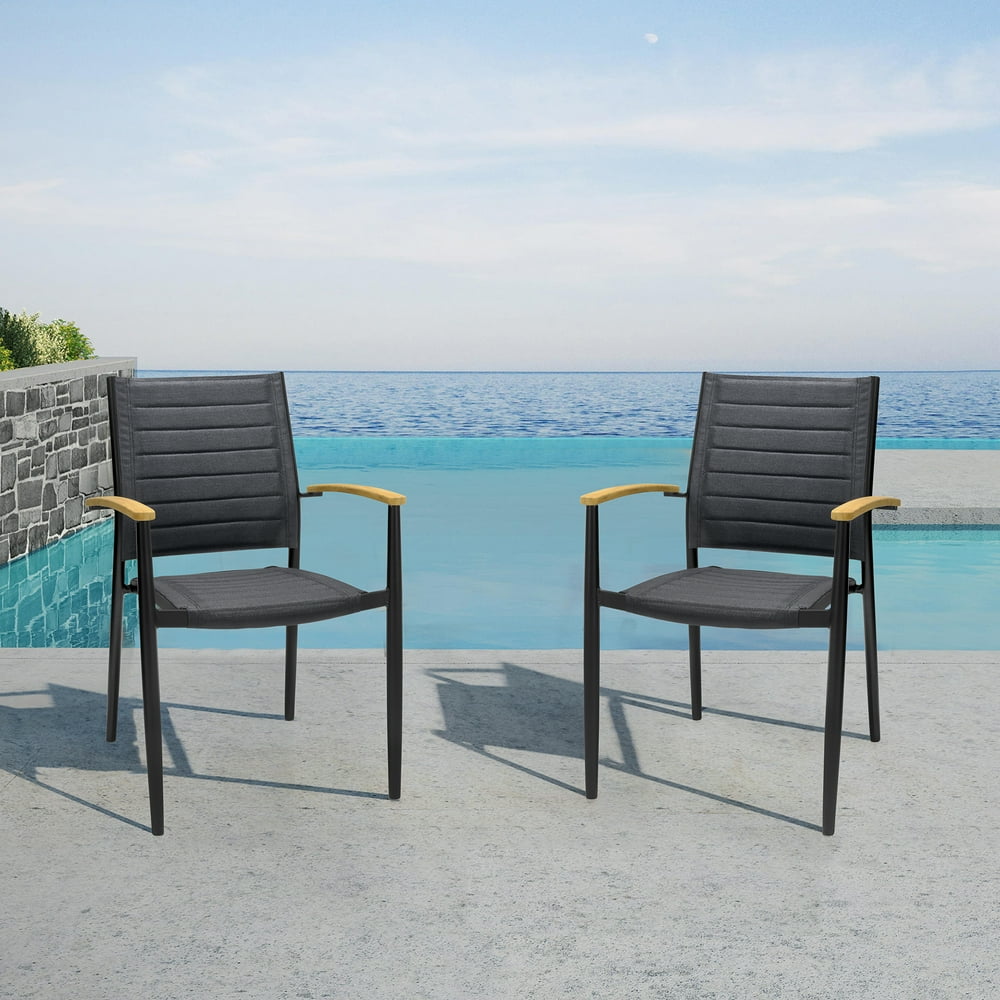 Portals Outdoor Black Aluminum Stacking Dining Chair with Teak Arms