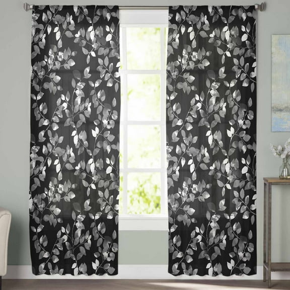 Sheer Curtains 63 inches Long, Farmhouse Botanical White Leaves on Black Light Filtering Sheer Window Curtains Rod Pocket Voile Drapes for Bedroom Living Room, 52"W x 63"L 2 Panels