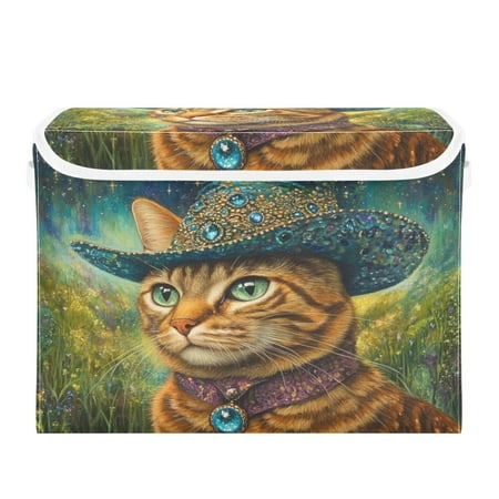 

WOBOGO Sapphire Hat Kitty Large Collapsible Storage Box Flip Lid Fabric Decorative Organizer Container Basket with Handles 16.5×12.6×11.8in