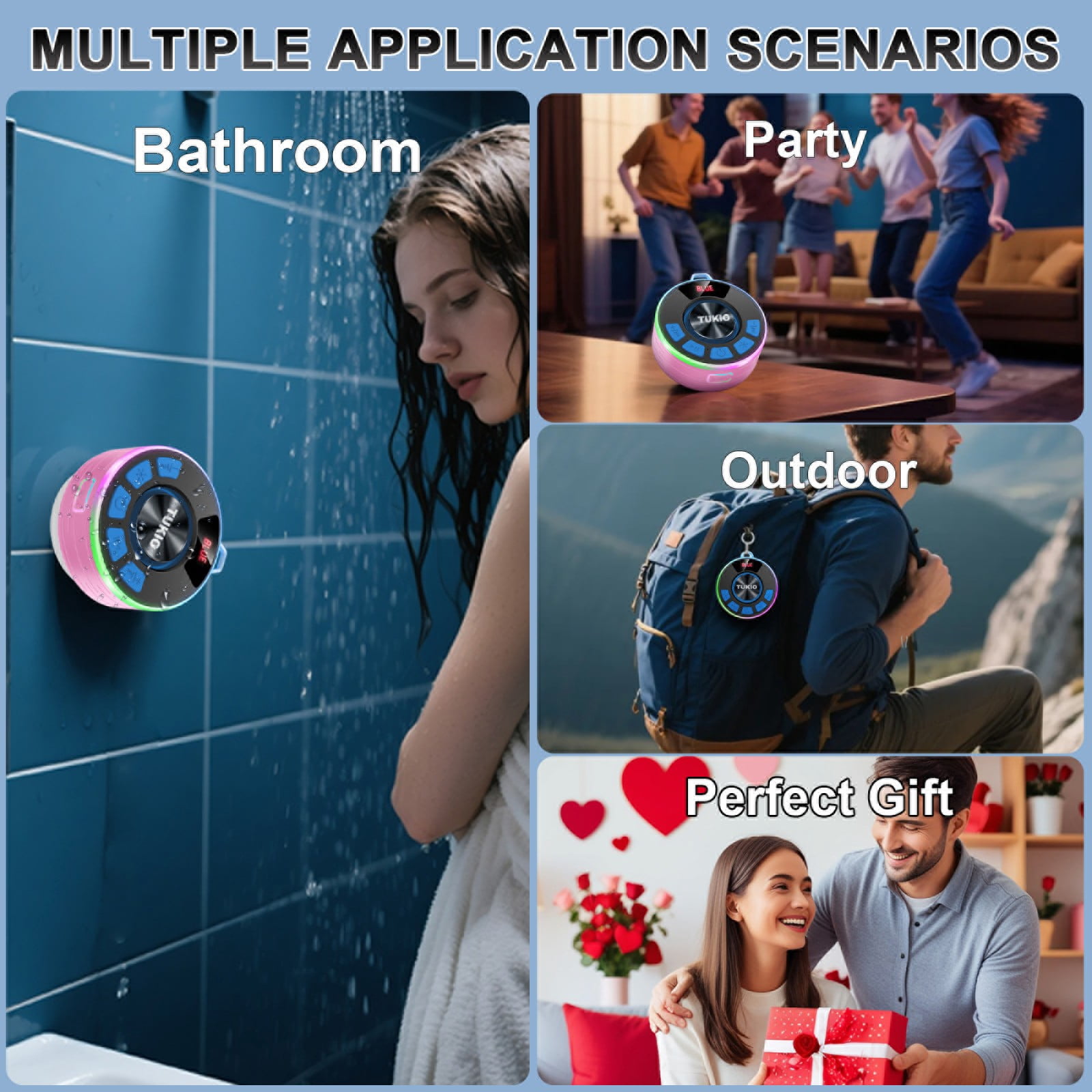 Tukio Bluetooth Speaker, IPX7 Waterproof Shower Speaker with Suction Cup, Mini Portable Speaker, 12H Playtime, Bluetooth 5.4, 360° Sound, RGB LED, Hands-Free Calls, Outdoor Pool Beach Gifts, Pink
