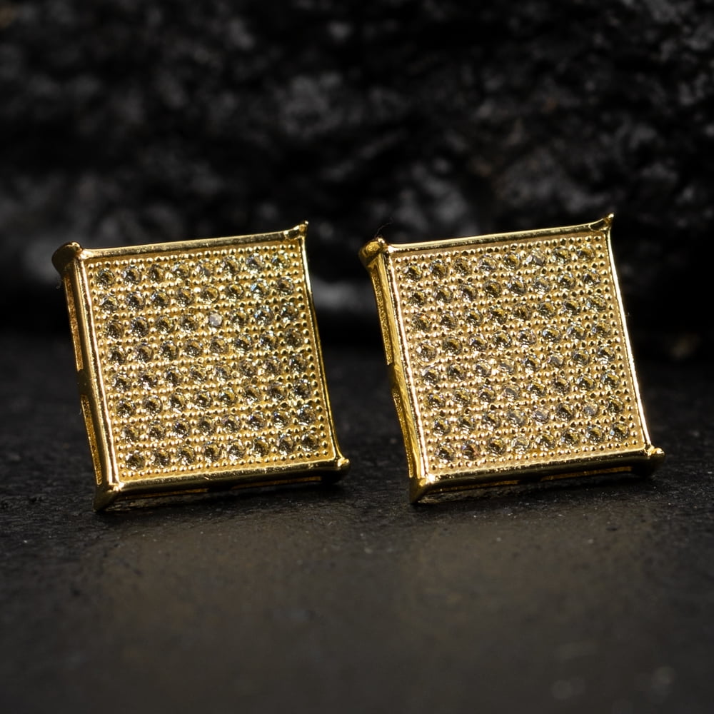 Large 14K Yellow Gold Plated 925 Sterling Silver Screw Post Mens Canary Yellow 5A Cz Big Square Flat Screen Iced Hip Hop Micro Pave  Stud  Earrings