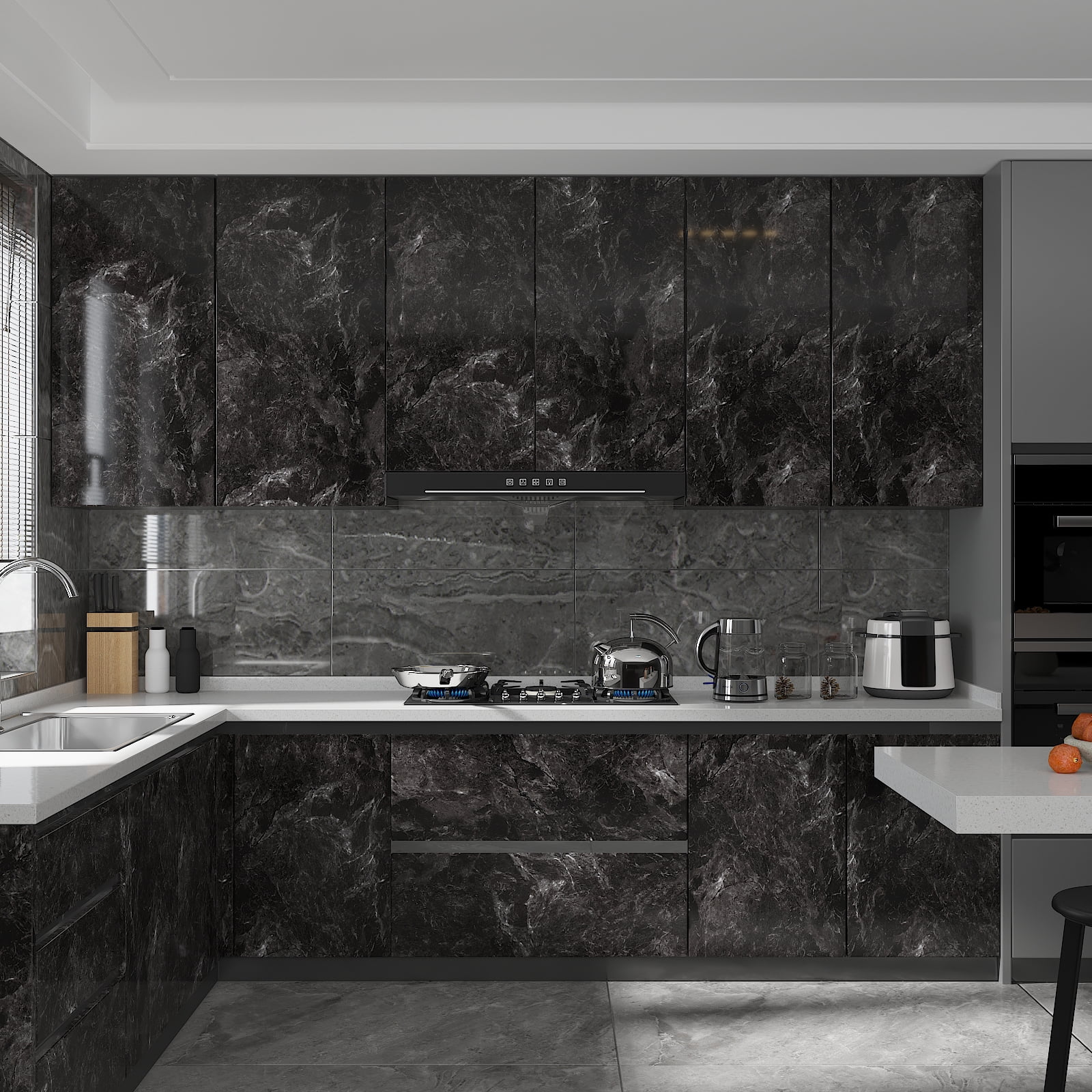 CHIHUT Marble Countertop Peel and Stick Waterproof Light Black Marble Contact Paper for Countertops Self Adhesive Removable Wallpaper for Renters Vinyl Countertop Wrap for Table Furniture 17.7''x100''