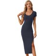 thumbnail image 1 of Vestido de Punto para Mujer con Cuello Redondo Manga Corta Abertura Lateral Vestidos Elegante a Media Pierna Azul marino M, 1 of 6