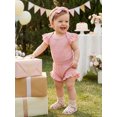 thumbnail image 5 of BemeyourBBs Baby Girls First Birthday 2 Piece Outfits One Years Birthday Clothes Waffle Knit Letter Bow Embroidery Flying Sleeve Round Neck Romper and Shorts Headband Set, 5 of 7