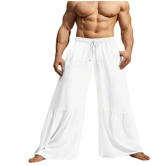 UAMVSH Mens Bell Bottom Pants Casual Cotton Linen Baggy Wide Leg Flare Pants Fashion Lightweight Lounge Pants with Pockets(Large,White)
