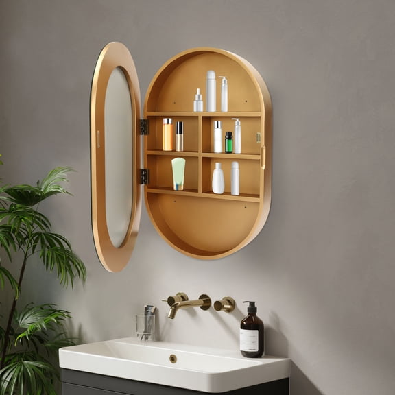 3 Tiers Medicine Cabinet Bathroom Mirror Cabinet Storage Shelves  Wood Frame Gold 19.76*30.82in for Bathroom, Toilet, Balcony