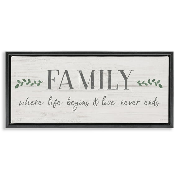 Stupell Industries Love Never Ends Family Phrase Inspirational Painting Black Floater Framed Canvas Art Print Wall Art, 25 x 11