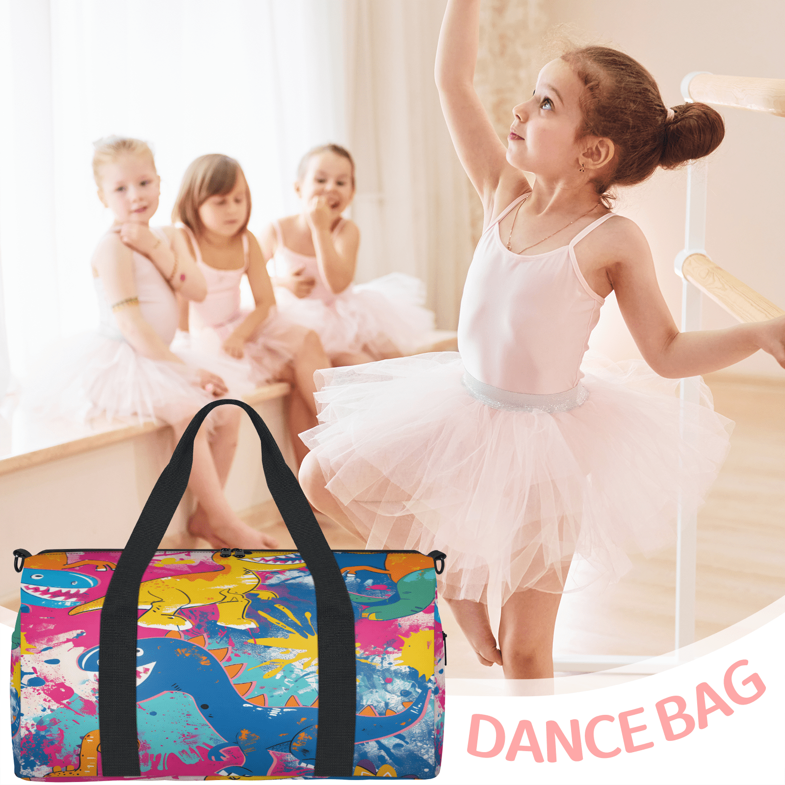 Herdesigns Colorful Rainbow Dinosaur Gym Bag for Women, Duffle Bag for Travel Sport, Lightweight Waterproof Carry on Weekender Overnight Dance Yoga Workout Bags