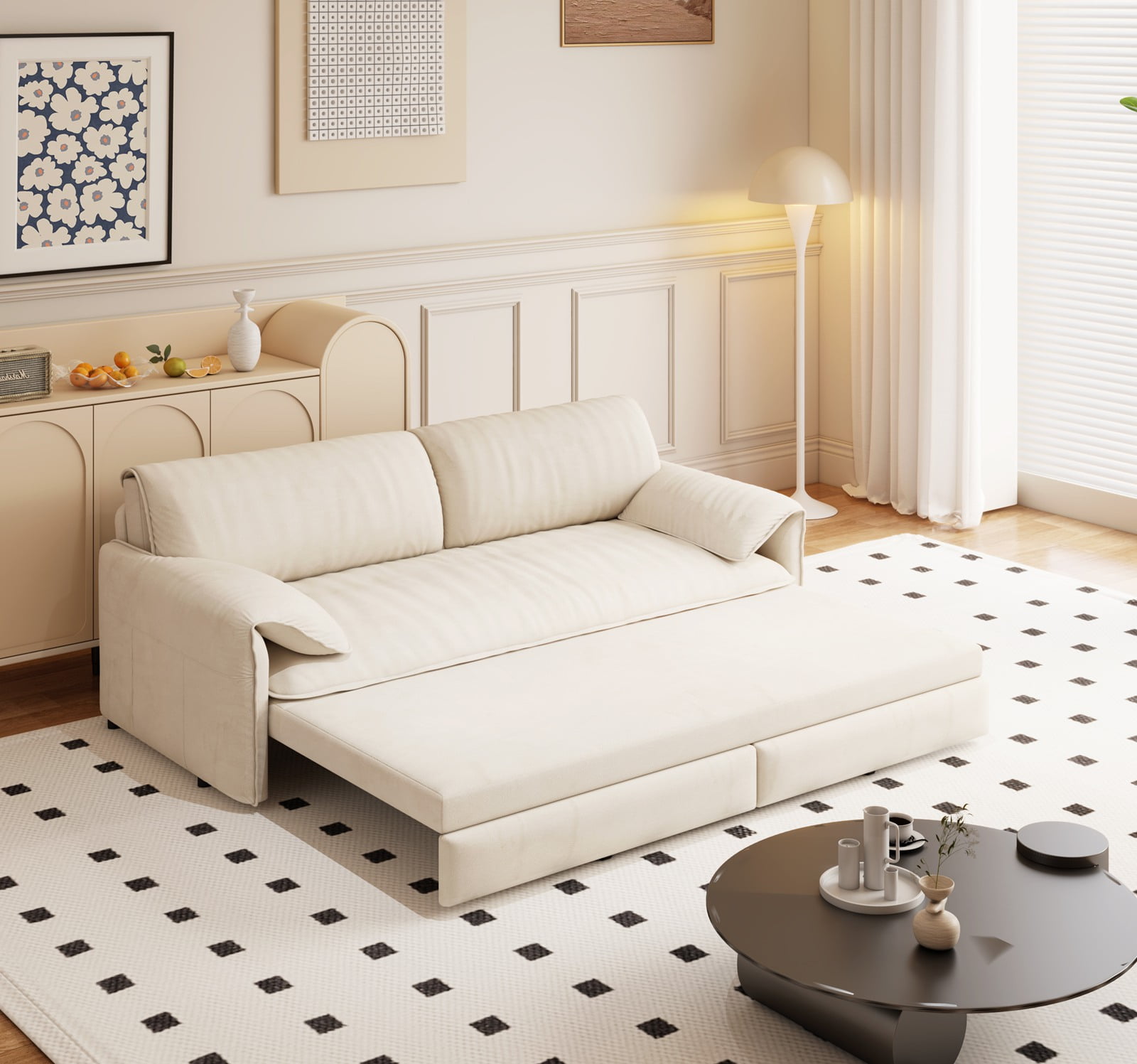 66" Futon Sofa Bed Queen Size, Pull Out Bed, 3-in-1 Convertible Sleeper Sofa with Side Pocket, Modern Velvet Futon Couch for Living Room, Small Space, Apartment, Bedroom, Beige