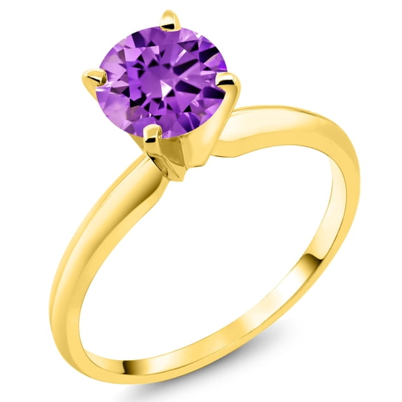 Gem Stone King 14K Yellow Gold Purple Zirconia Solitaire Engagement 4-Prong Ring for Women | 1.50 Cttw | Round 6MM | Gemstone Birthstone (Size 5)
