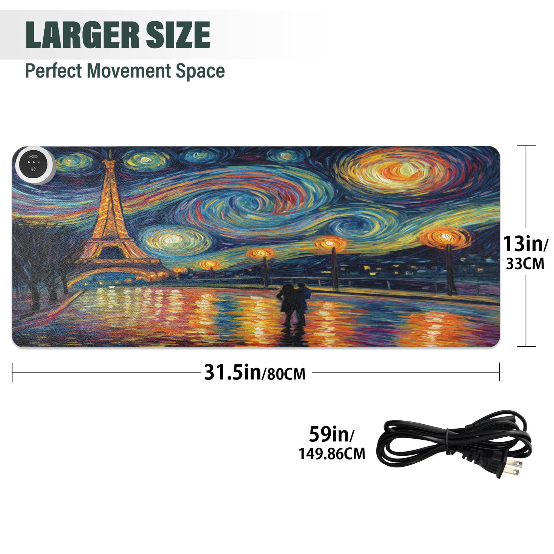 Large Heated Desk Mat Mouse Pad 31.5"x13"PU Leather Graphene Heating Desk Warmer with 3 Temperature Settings 110V US Plug Non-Slip Warm Pad for Home, Office, and Gaming Eiffel Tower under The Stars
