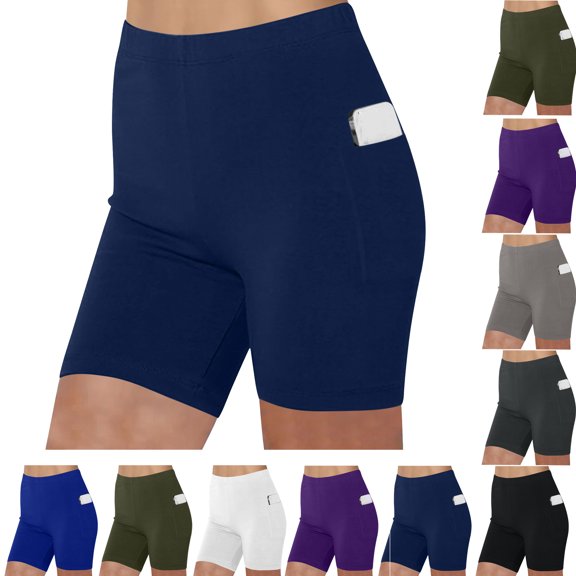Summer Yoga Shorts For Women Fashionable With Pockets Yoga Leggings Fitness Running Gym Ladies Solid Sports Active Three Minutes Sweat Shorts Denim Hiking Shorts ( Navy—M )