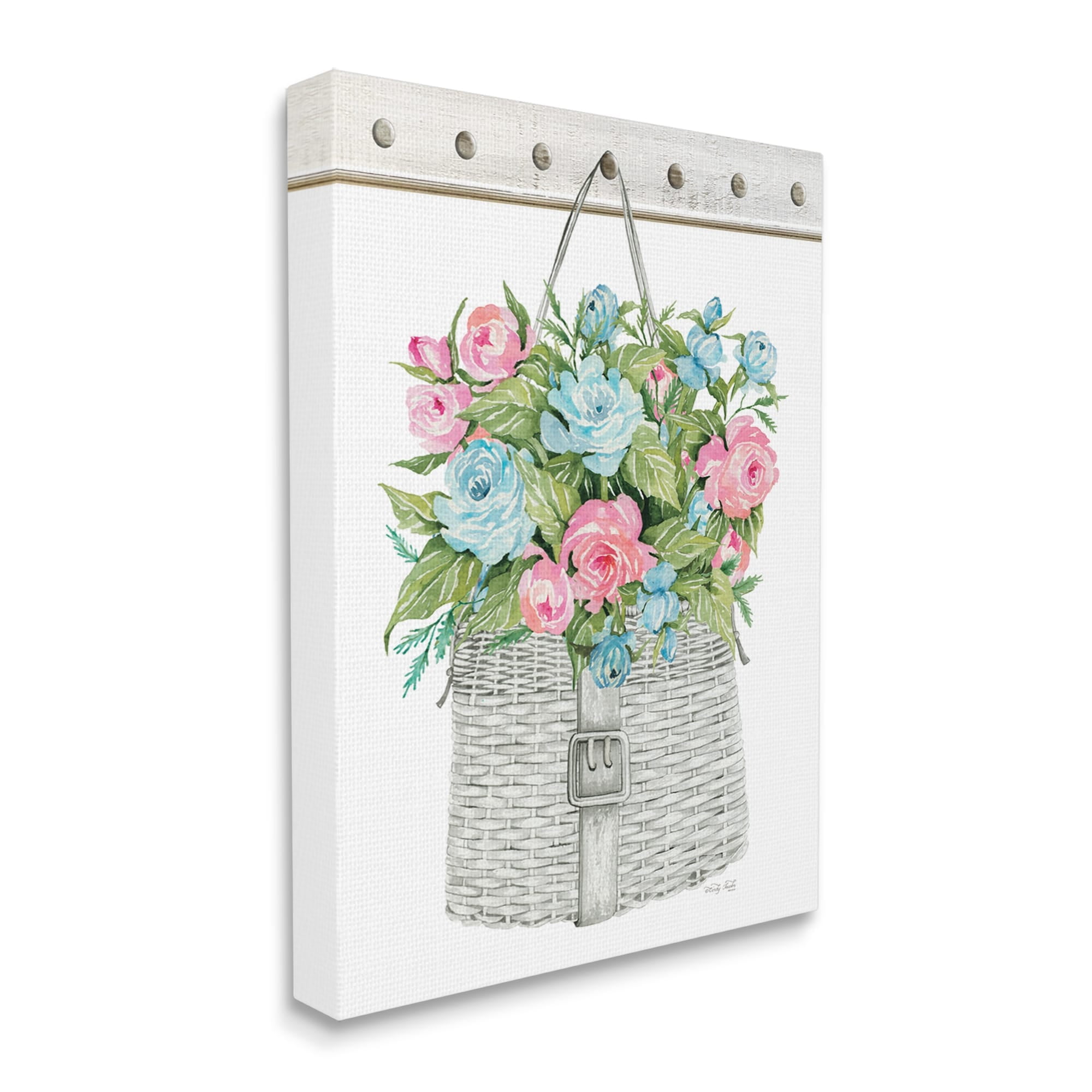 Stupell Industries Blue And Pink Blooming Roses Spring Plant Basket,30 x 40, Design by Cindy Jacobs
