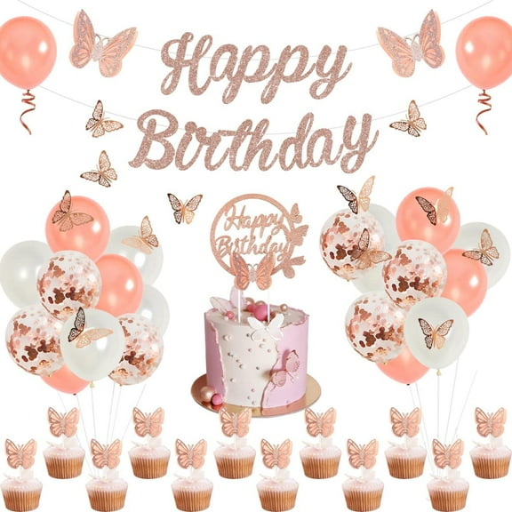 Rose Gold Butterfly Birthday Decorations Set Butterfly Happy Birthday Banner Cake Topper Picks 3D Wall Stickers for Butterfly Theme Party, Spring Birthday, Fairy Garden Party Supplies