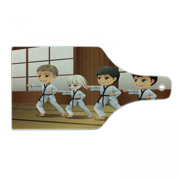 Karate Cutting Board, Children Practicing Self Defence Martial Arts in Dojo Funny Graphic, Decorative Tempered Glass Cutting and Serving Board, in 3 Sizes, by Ambesonne