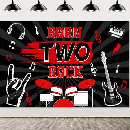 Image of Born Two Rock Birthday Decorations Rock and Roll 2nd Birthday Party Supplies with Born Two Rock Background for Rock Band Music Theme Party
