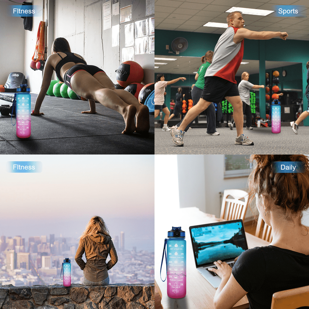 32oz Motivational Water Bottles with Time Marker & Straw, Leak-proof BPA Free Non-Toxic 1L Bottle, Portable Water Jug for Fitness Sports