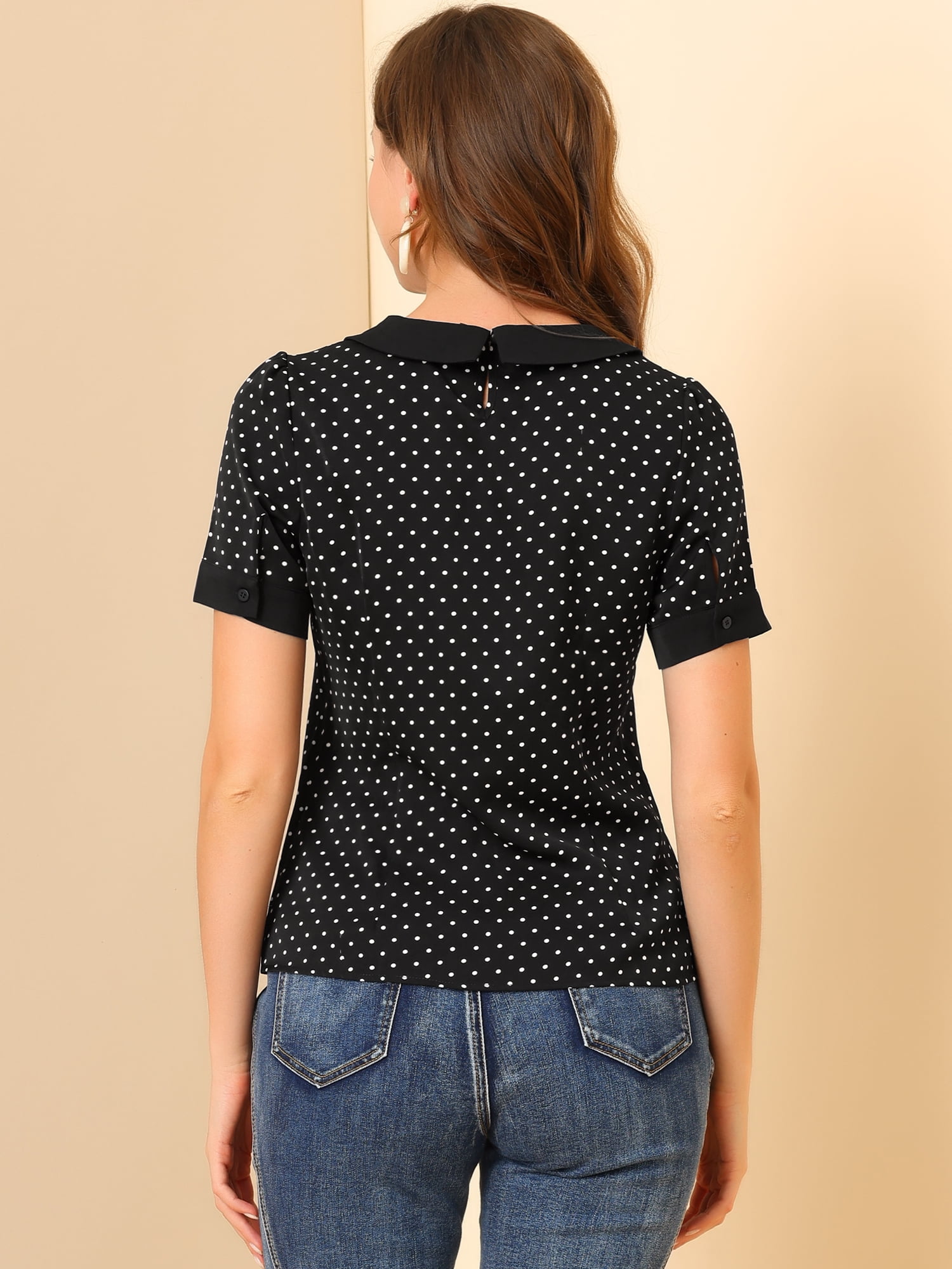 DARING DIVA Women's Peter Pan Collar Polka Dots Short Sleeve Tops L Black