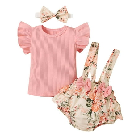 

YFPWM Baby Girl Clothes Set Infant Toddler Baby Girl Matching Outfits Short Sleeve Floral Shorts Bow Headband Sister Clothes Pink 12-18 Months