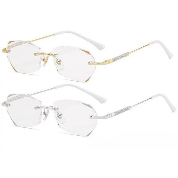 2 Pairs of Womens Fashion Blue Light Blocking Rimless Reading Glasses, Metal Readers