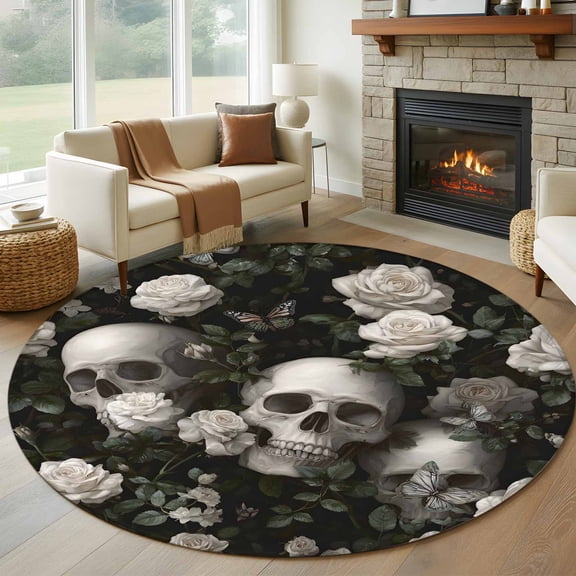 Round Area Rug 8 Ft, Halloween Skull Washable Non-Slip Circle Carpet for Living Room/Bedroom, Retro White Rose Flower Horror Fall Collection Low-Profile Large Area Rugs for Indoor