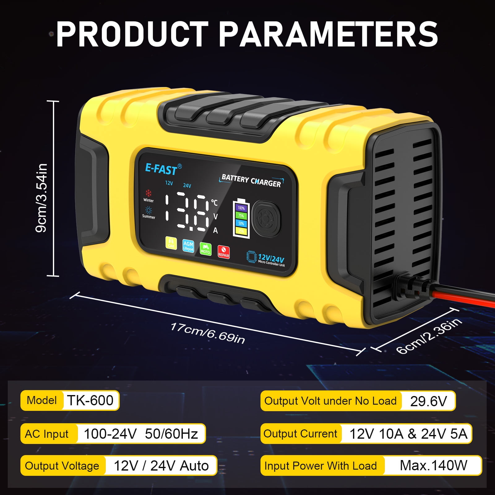 12V 10A 24V 5A Smart Automatic Maintainer Trickle Charger, 7 Stage Lead Acid AGM LiFePO4 Battery Charger for Cars Motorcycles Boats,Yellow
