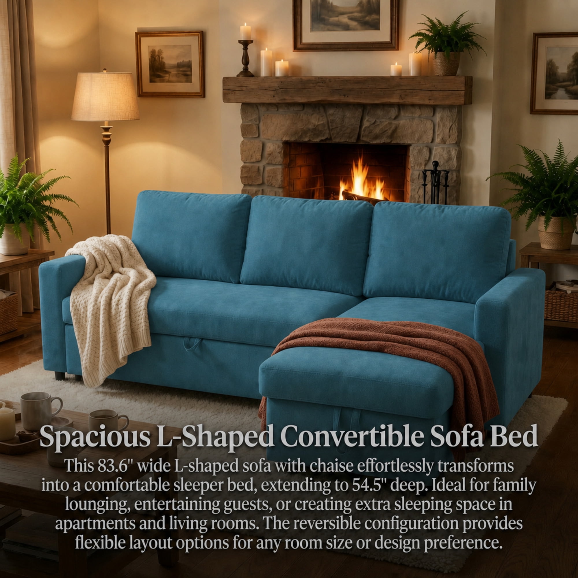 TiramisuBest L-Shaped Convertible Sofa Bed with Reversible & Storage Chaise,84"W Fluffy Flannel Sectional Sleeper for Living Room,Blue