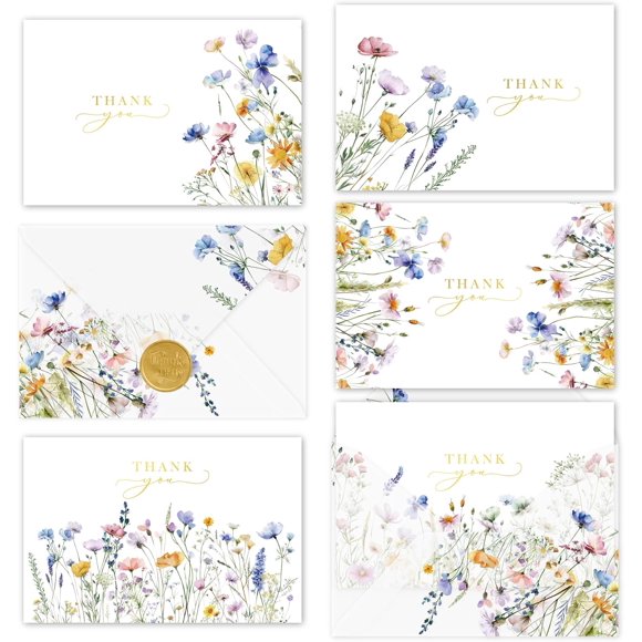 Gooji 4x6 Meadow Bloom Thank You Cards with Envelopes (Bulk 20-Pack) Matching Vellum Envelopes Assorted Bulk