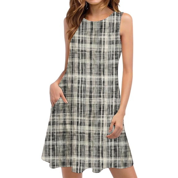 JSheng Womens Plaid Printing Summer Dresses Fashable Breathable Crew Neck Sleeveless Casual Long Maxi Dress