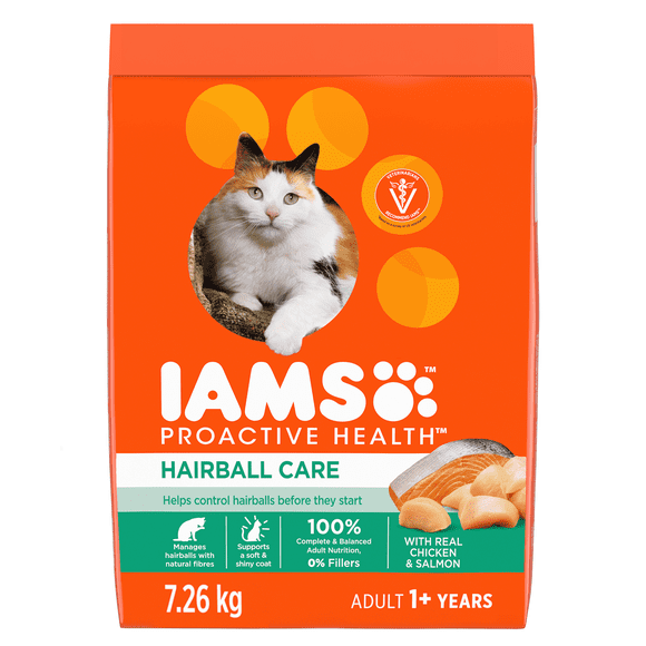 Nourriture sèche pour chats adultes IAMS PROACTIVE HEALTH Contrôle des boules de poils avec poulet et saumon, sac de 7,26 kg