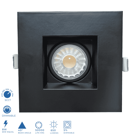 

Perlglow 3 inch Gimbal Square Black Downlight Luminaire LED Recessed Light Fixtures Dimmable 8W=65W 650 Lumens CRI 90+ IC Rated 5CCT