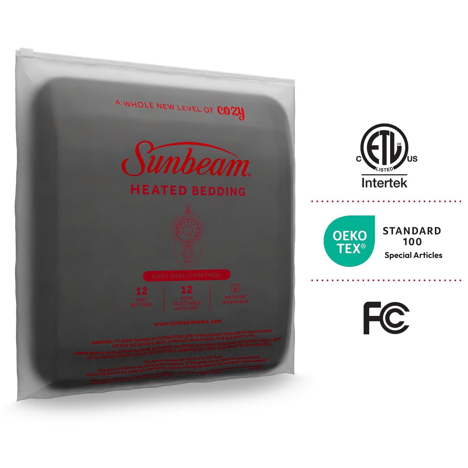 Couverture chauffante Sunbeam en velours pour pour lits jumeaux, lits à deux places/grands lits et très grands lits, 12 réglages de chaleur, chauffage rapide, arrêt automatique après 12 heur